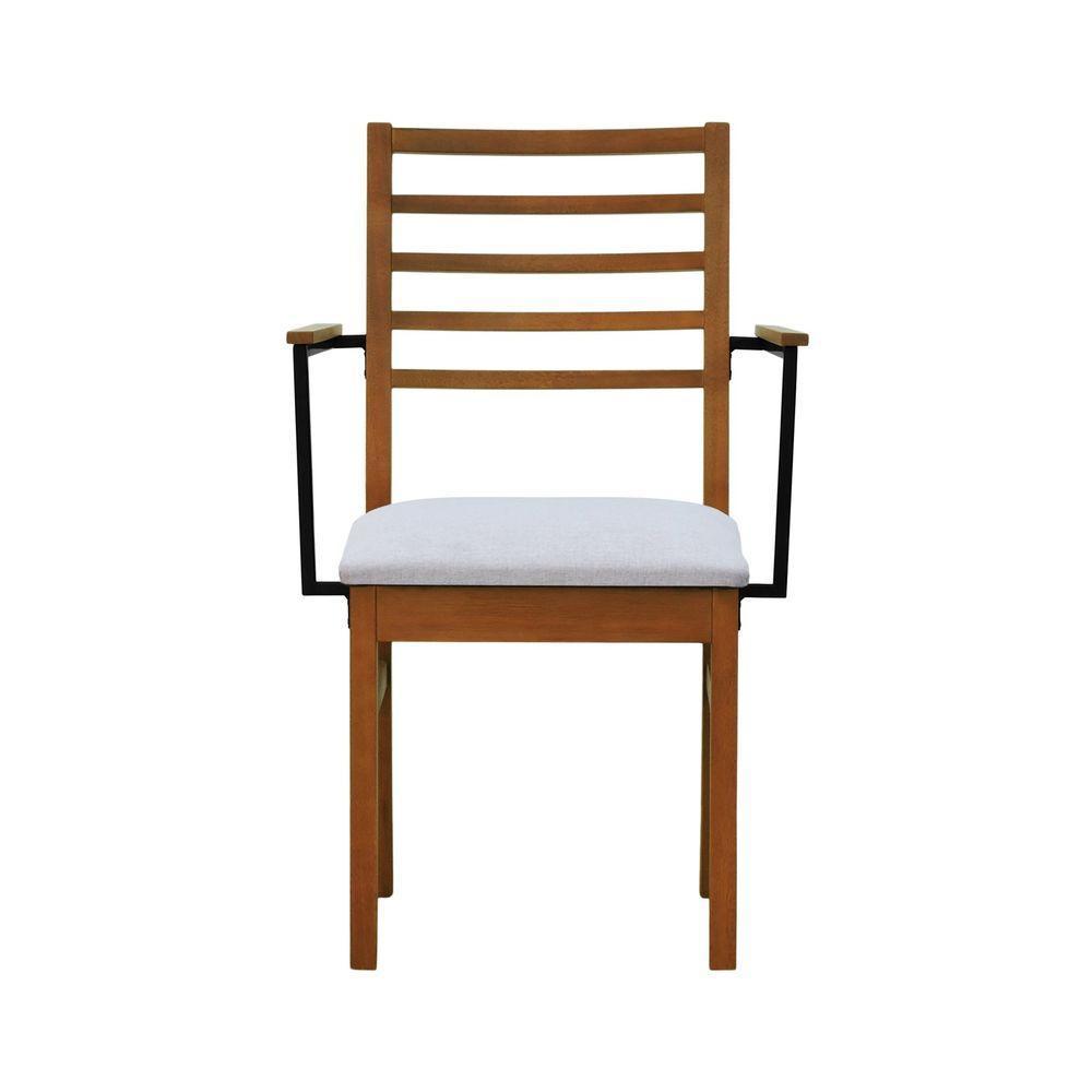 Kit 2 Cadeiras Tiê Madeira Maciça Encosto Ripado C-braço Metal - Amêndoa Assento Estof. Linho Bege Mescla Impermeável - 6