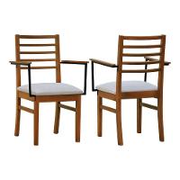 Kit 2 Cadeiras Tiê Madeira Maciça Encosto Ripado C-braço Metal - Amêndoa Assento Estof. Linho Bege Mescla Impermeável - 1