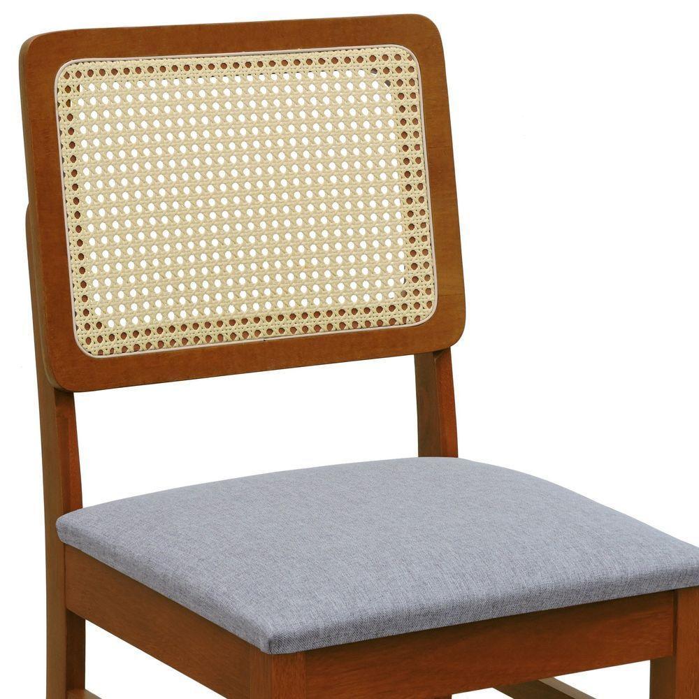 Kit 2 Cadeiras Madeira Maciça Lyon Encosto Telinha Natural - Amêndoa Assento Estofado Linho Cinza Mescla Impermeável - 2