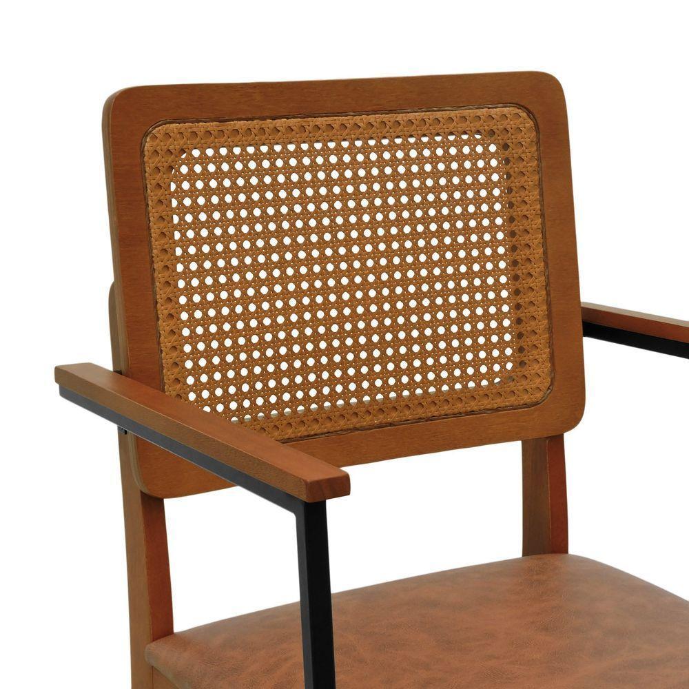 Kit 2 Cadeiras Lyon Encosto Telinha Amêndoa C- Braço Metal - Amêndoa Assento Estofado Corano Marrom Mescla - 4