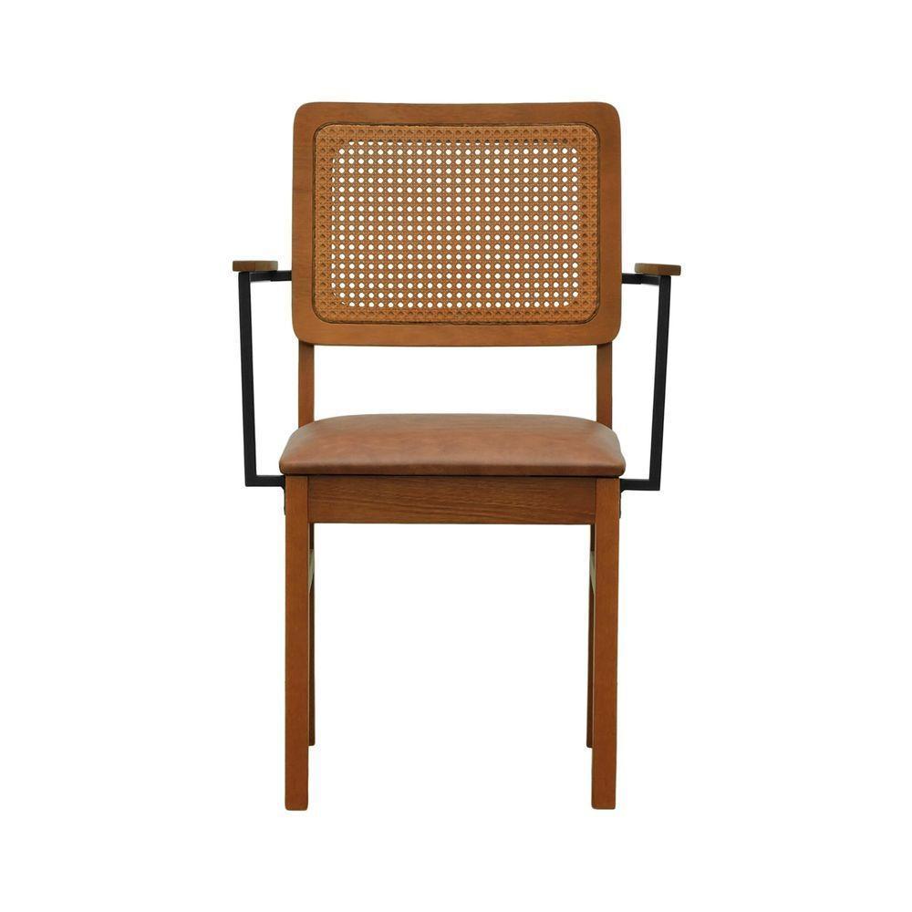 Kit 2 Cadeiras Lyon Encosto Telinha Amêndoa C- Braço Metal - Amêndoa Assento Estofado Corano Marrom Mescla - 7