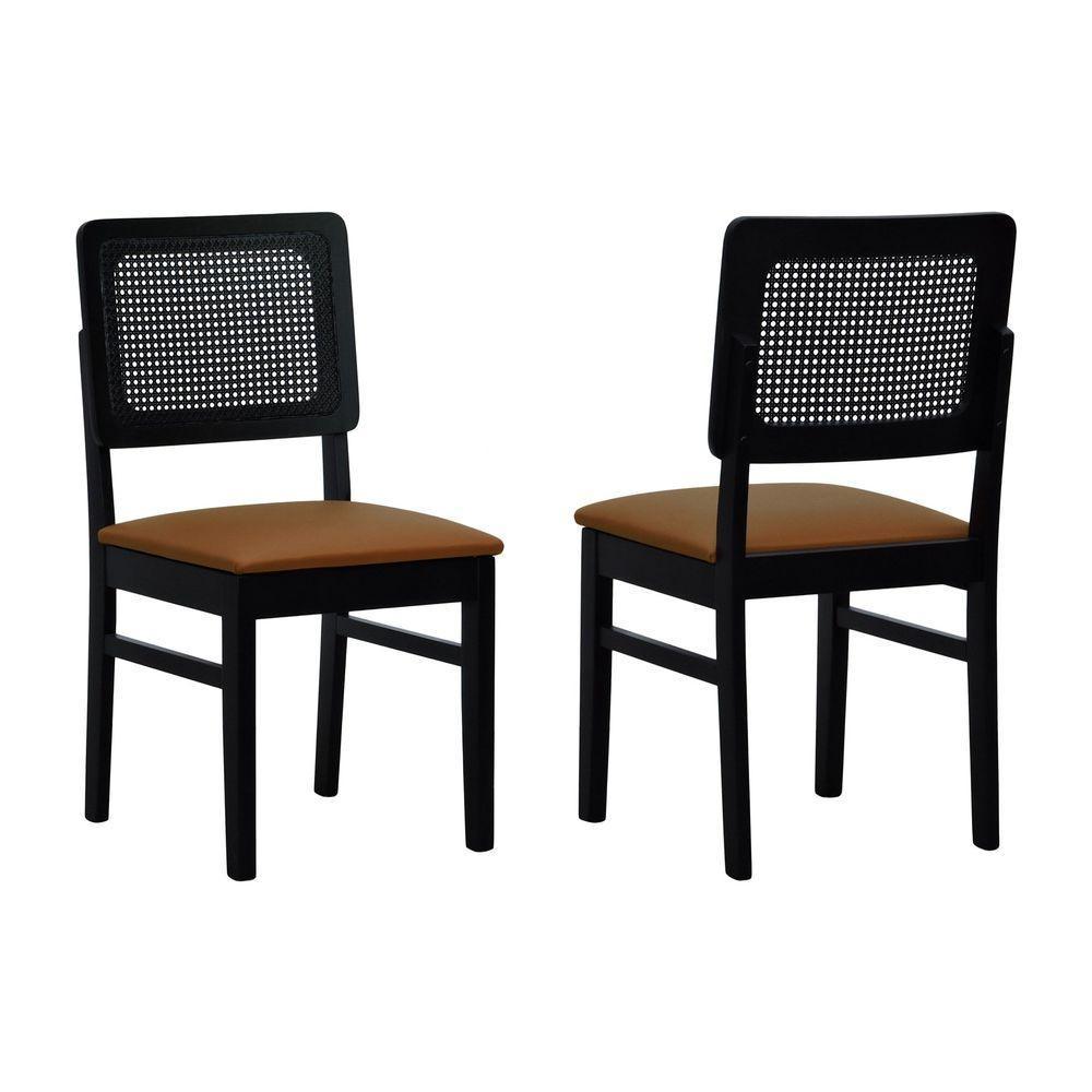 Kit 2 Cadeiras Madeira Maciça Lyon Encosto Telinha - Preto Assento Estofado Corano Caramelo - 1