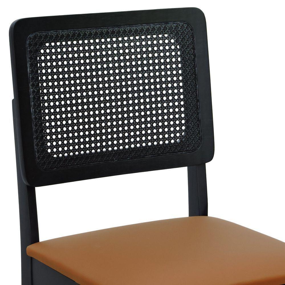 Kit 2 Cadeiras Madeira Maciça Lyon Encosto Telinha - Preto Assento Estofado Corano Caramelo - 2