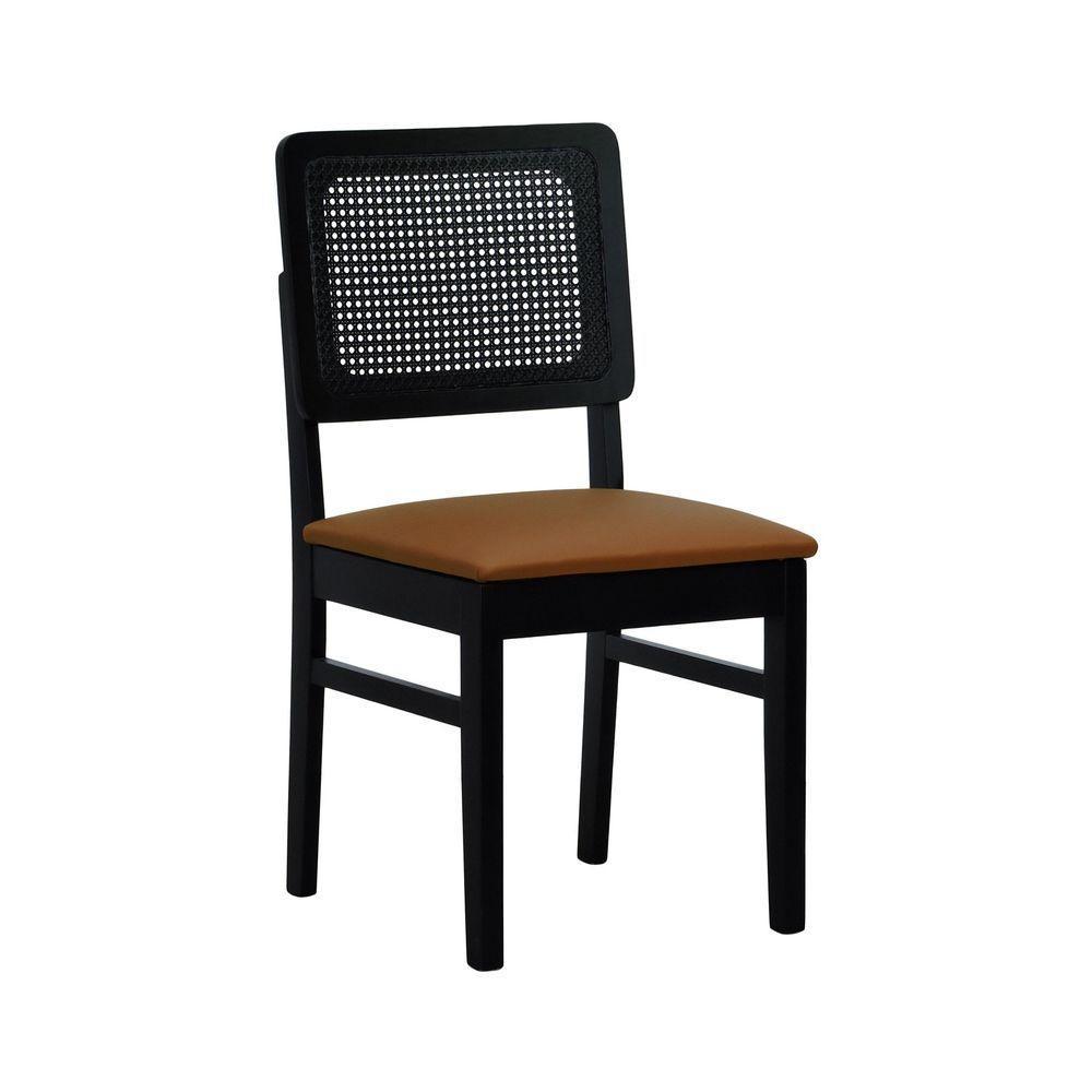 Kit 2 Cadeiras Madeira Maciça Lyon Encosto Telinha - Preto Assento Estofado Corano Caramelo - 6