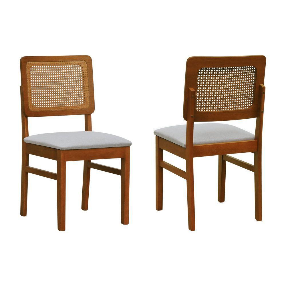 Kit 2 Cadeiras Madeira Maciça Lyon Encosto Telinha Amêndoa - Amêndoa Assento Estofado Linho Bege Mescla Impermeável - 1