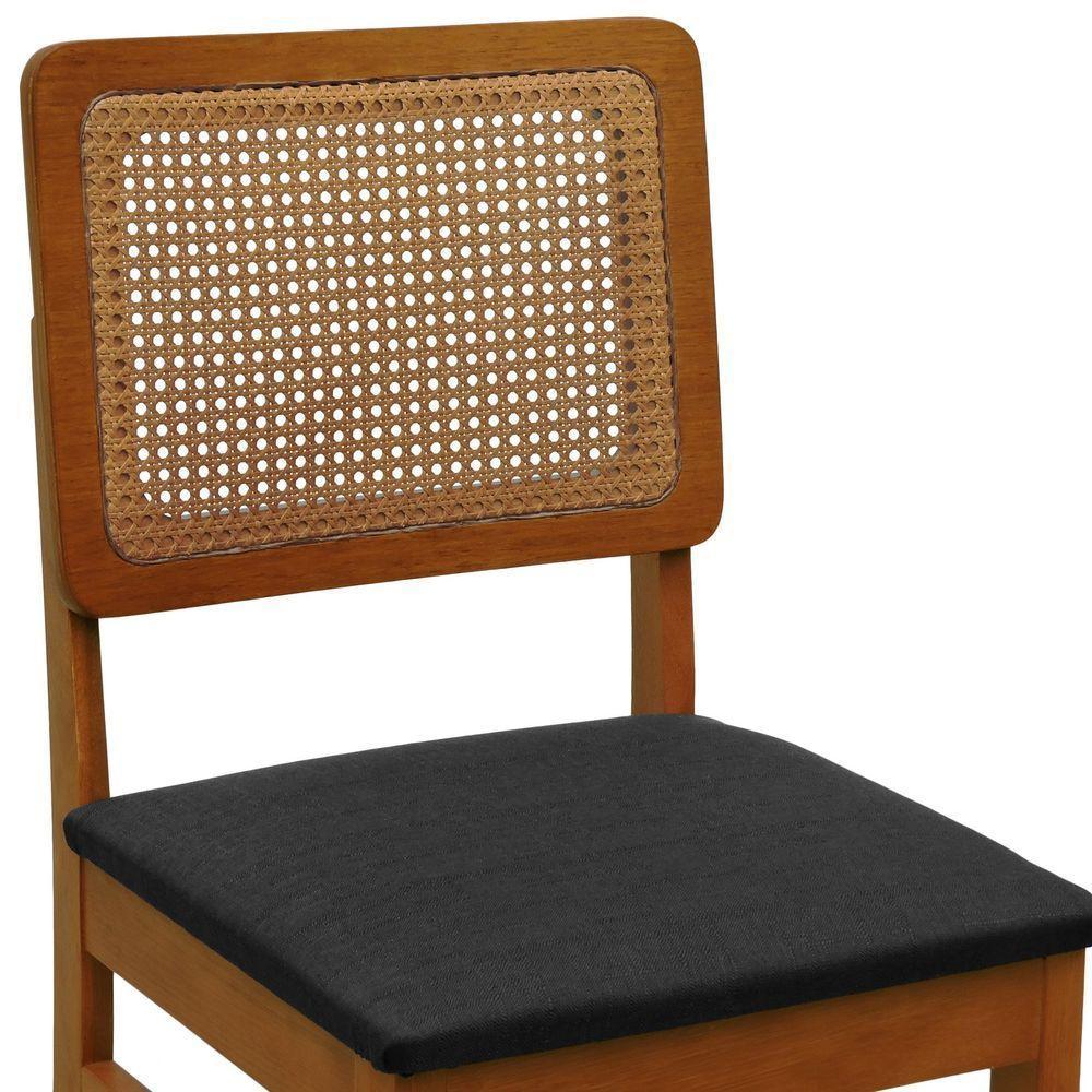 Kit 2 Cadeiras Madeira Maciça Lyon Encosto Telinha Amêndoa - Amêndoa Assento Estofado Linho Preto Textura - 3