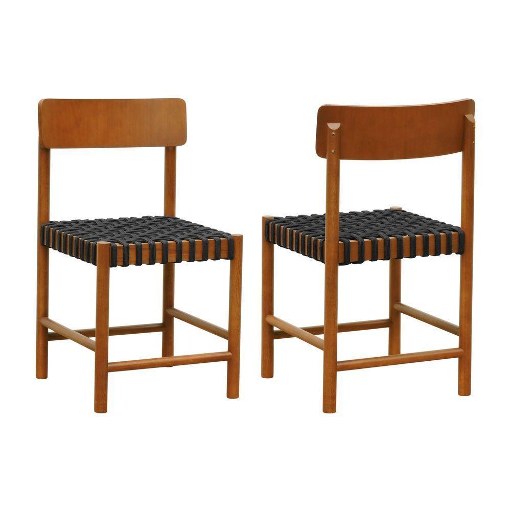 Kit 2 Cadeiras Amber Madeira Maciça - Amêndoa Trançado Corda Na Cor Preta - 1