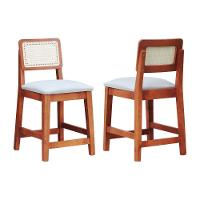 Kit 2 Banquetas Baixa-cadeira Gabi Madeira Maciça Encosto Telinha - Amêndoa Assento Estofado Linho Bege - 1