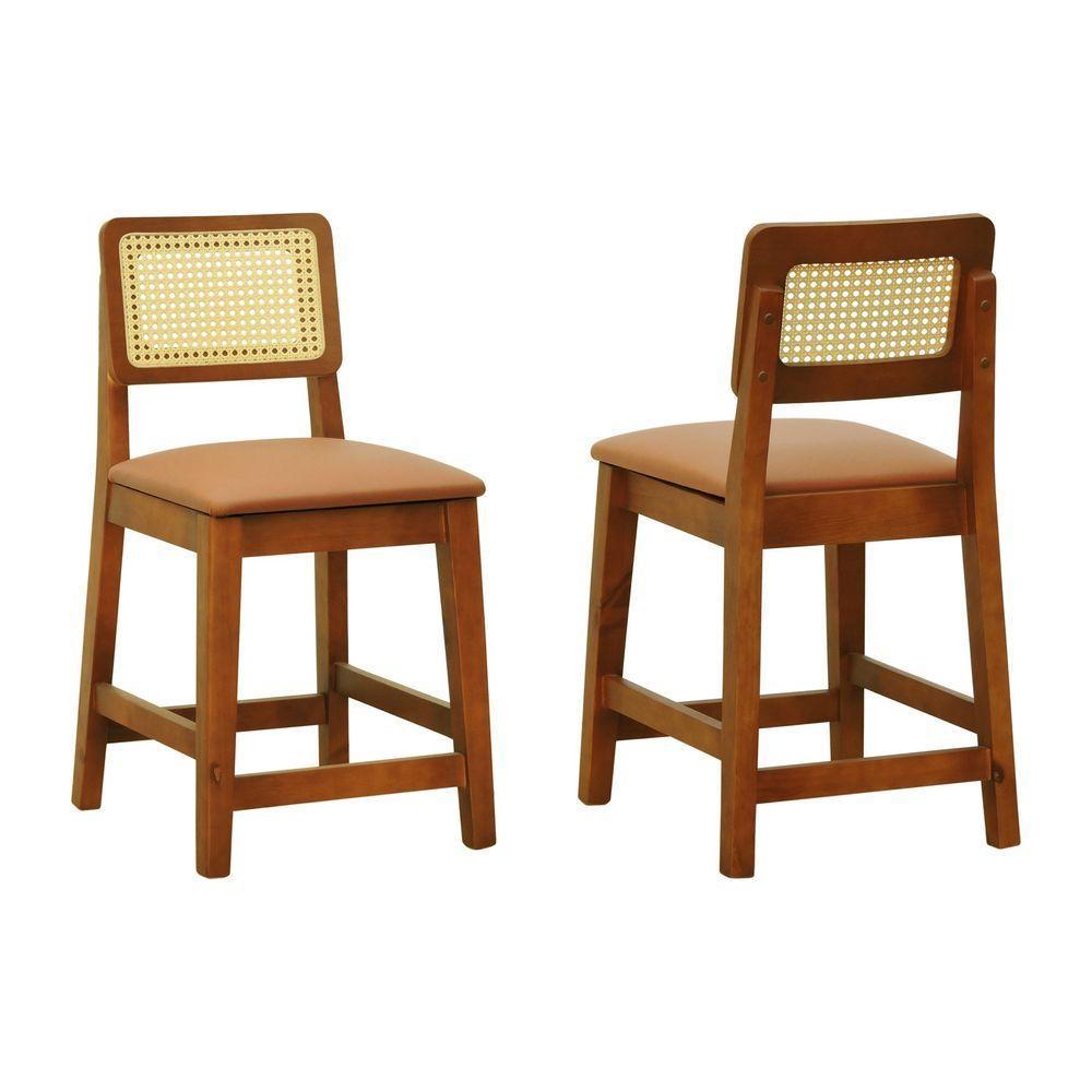 Kit 2 Banquetas Baixa-cadeira Gabi Madeira Maciça Encosto Telinha - Amêndoa Assento Estofado Corano Caramelo - 1