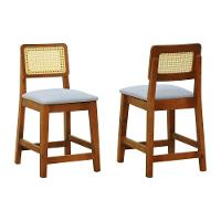 Kit 2 Banquetas Baixa-cadeira Gabi Madeira Maciça Encosto Telinha - Amêndoa Assento Estof. Linho Bege Mescla Impermeável - 1