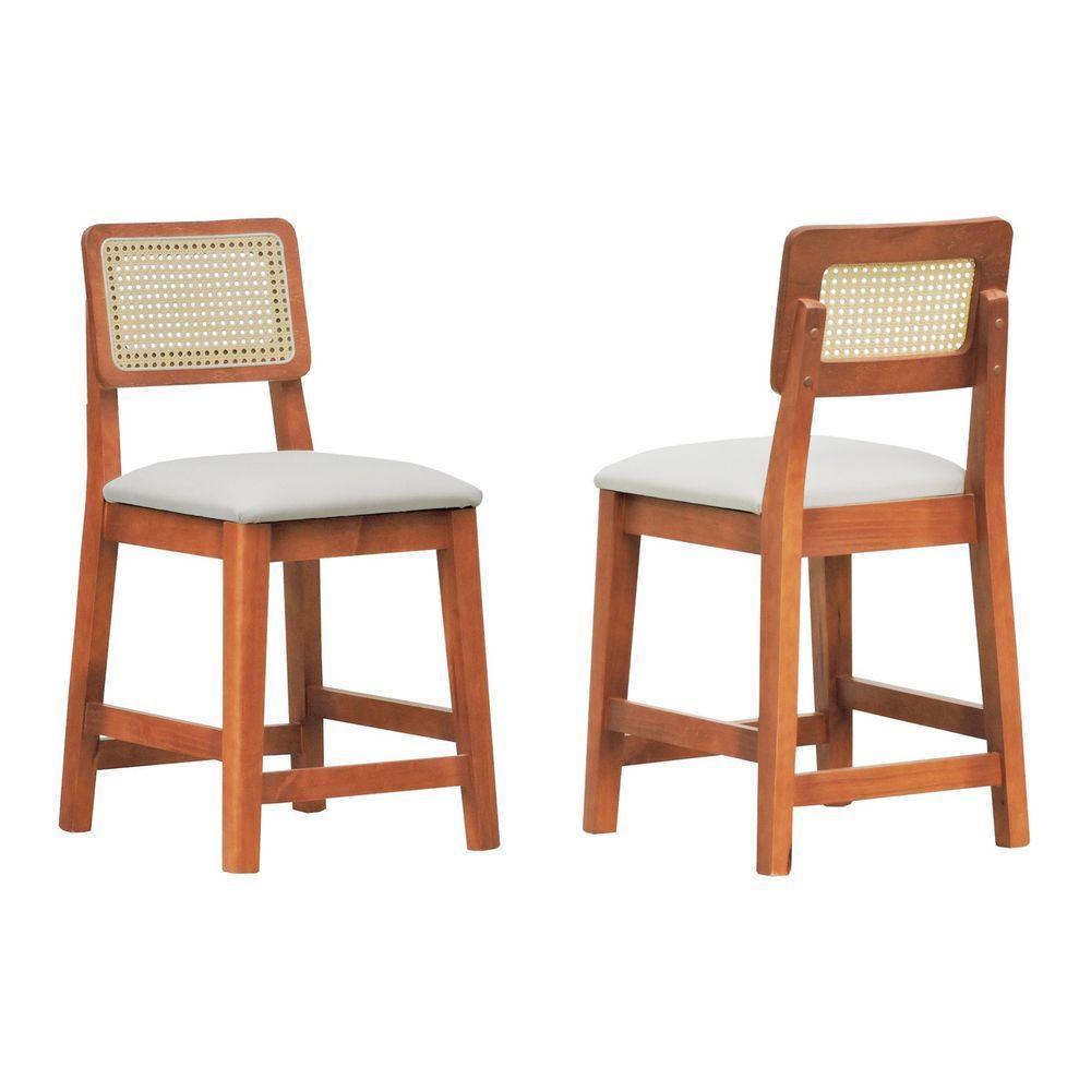 Kit 2 Banquetas Baixa-cadeira Gabi Madeira Maciça Encosto Telinha - Amêndoa Assento Estofado Corano Bege - 1