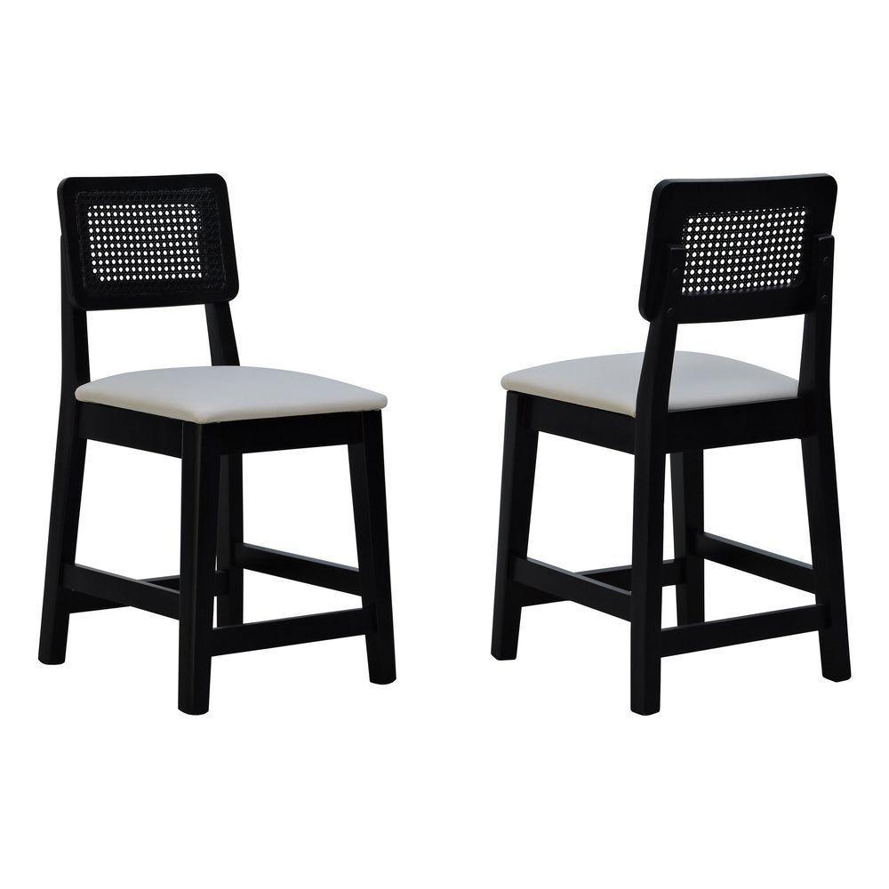 Kit 2 Banquetas Baixa-cadeira Gabi Madeira Maciça Encosto Telinha Assento Estofado - Preto Assento Estofado Corano Bege - 1