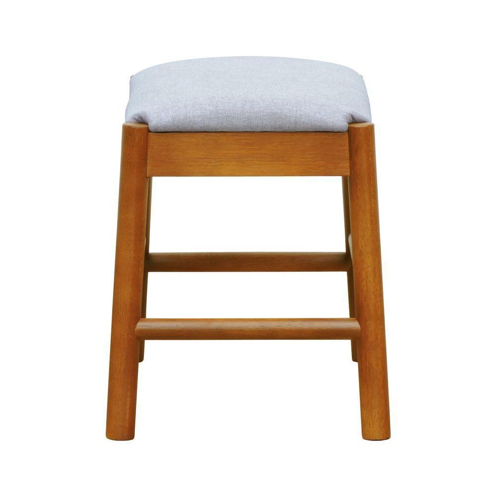 Puff Baixo Amber Madeira Maciça - Amêndoa Assento Estofado Linho Bege Mescla Impermeável - 5