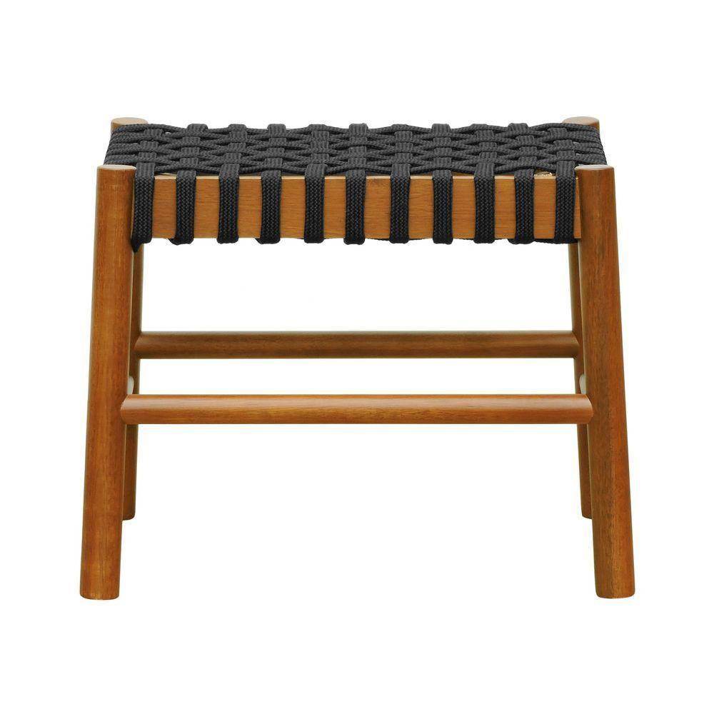 Puff Baixo Amber Madeira Maciça - Amêndoa Trançado Corda Na Cor Preta - 2