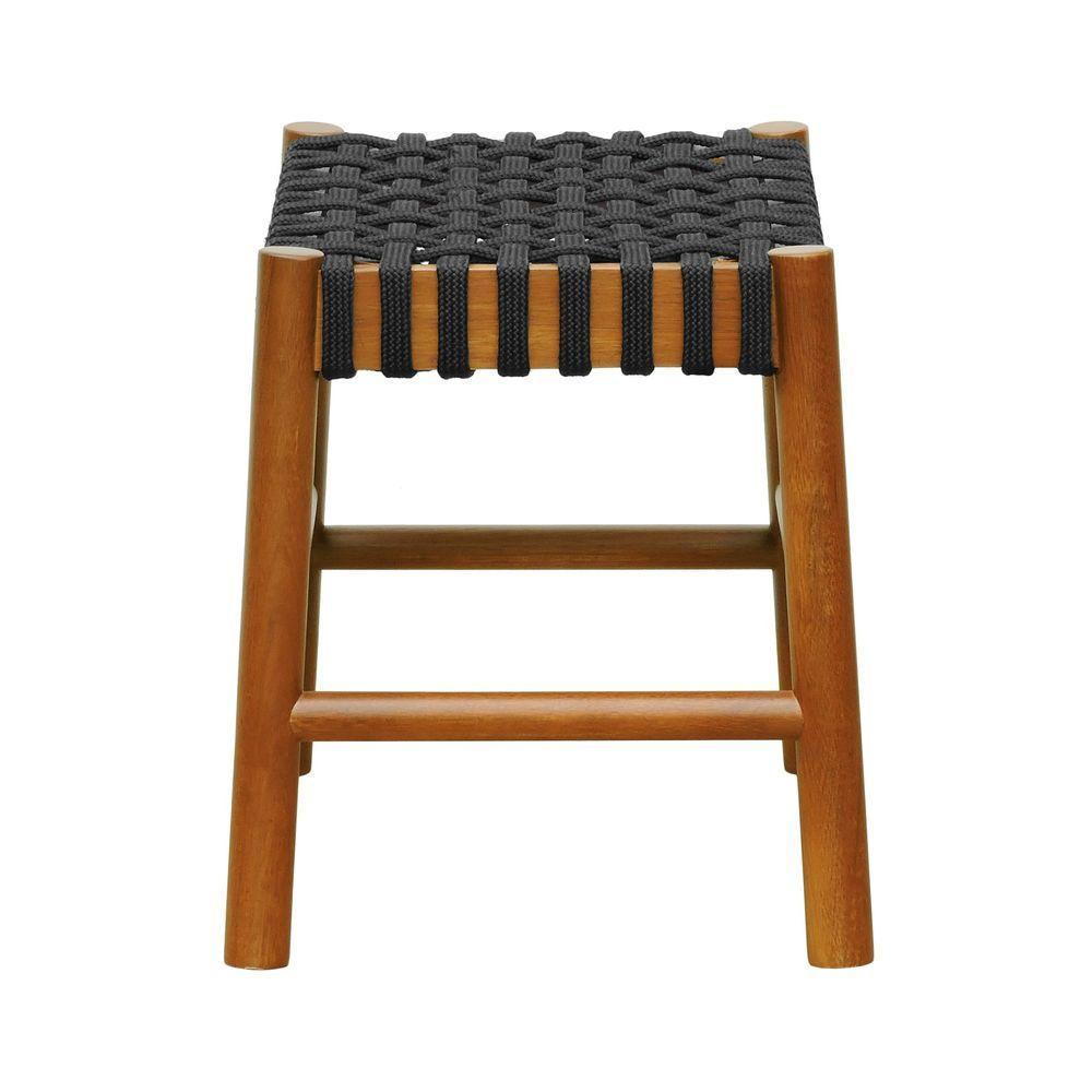 Puff Baixo Amber Madeira Maciça - Amêndoa Trançado Corda Na Cor Preta - 6