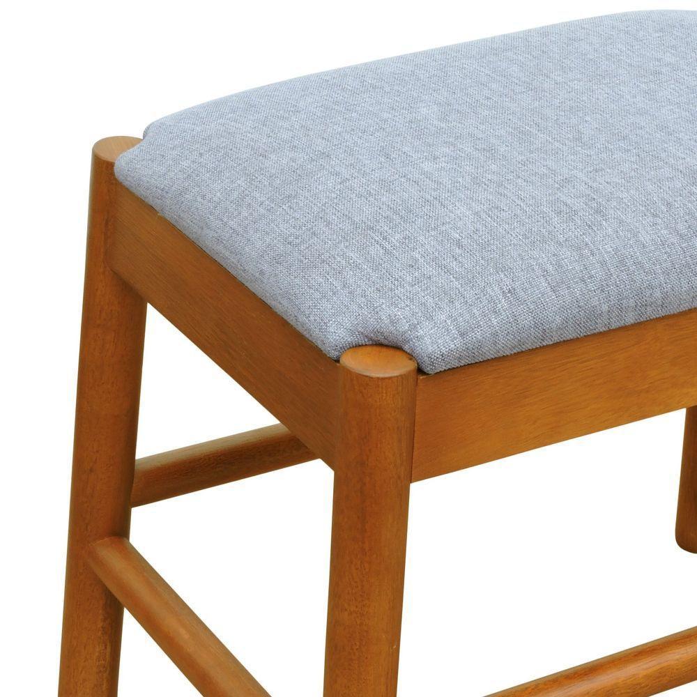 Puff Baixo Amber Madeira Maciça - Amêndoa Assento Estofado Linho Cinza Mescla Impermeável - 2