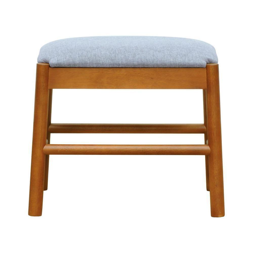 Puff Baixo Amber Madeira Maciça - Amêndoa Assento Estofado Linho Cinza Mescla Impermeável - 4