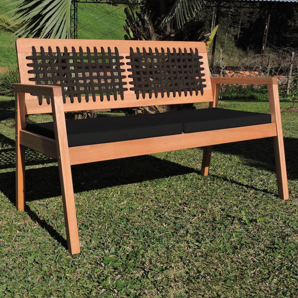 Sofá 2 Lugares-namoradeira Garden Madeira Maciça Assento Estofado Encosto Trançado Corda - Natural Acquablock Preto - 4