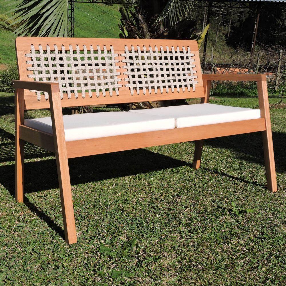 Sofá 2 Lugares-namoradeira Garden Madeira Maciça Assento Estofado Encosto Trançado Corda - Natural Acquablock Bege - 2