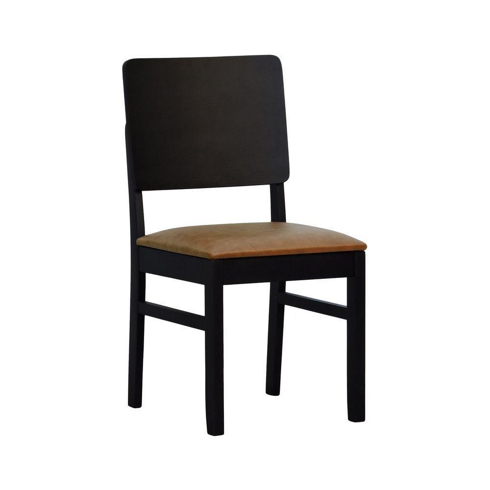 Cadeira Quéops Madeira Maciça Encosto Anatômico Assento Estofado - Preto Corano Marrom Mescla - 1