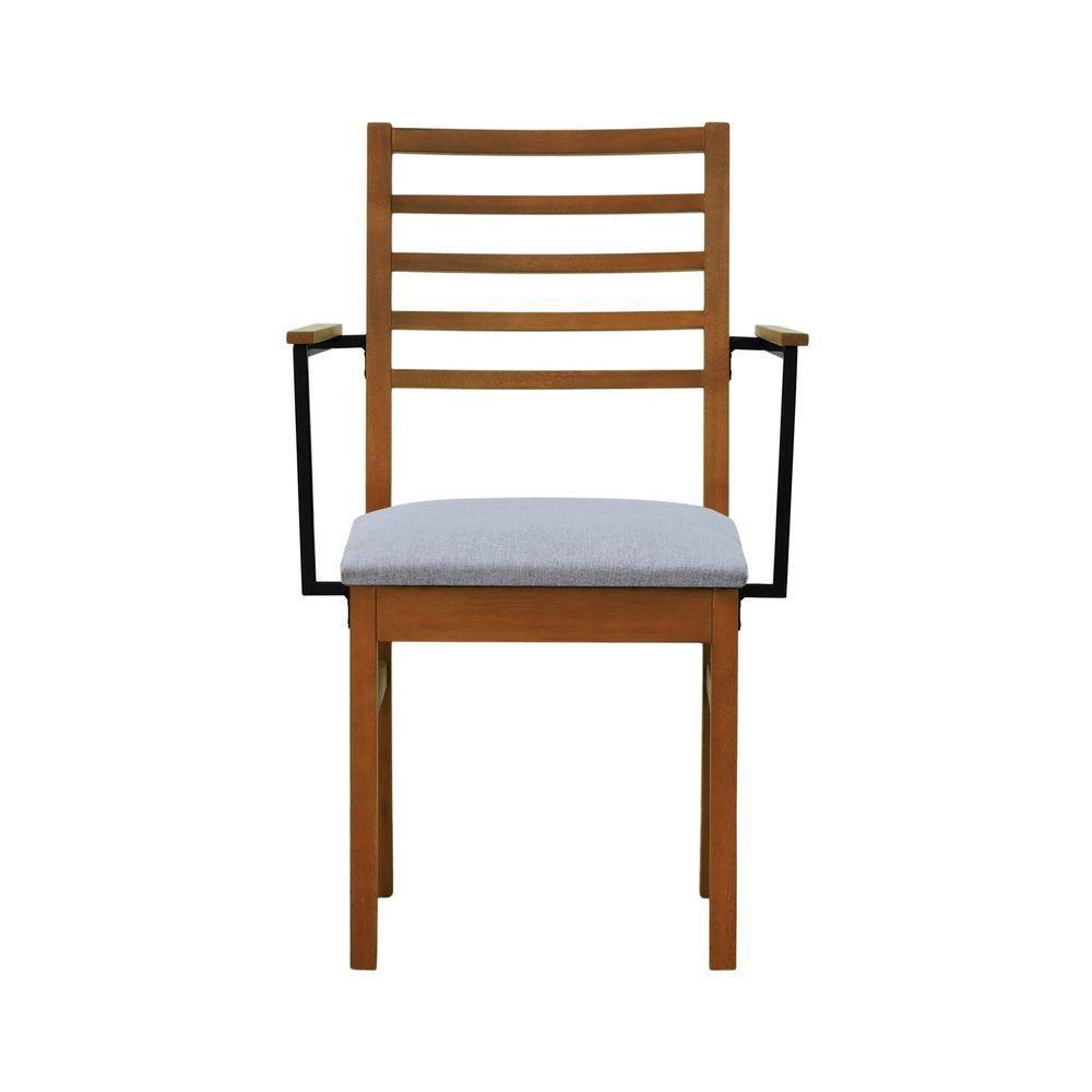 Cadeira Tiê Madeira Maciça Encosto Ripado C-braço Metal - Amêndoa Assento Estof. Linho Cinza Mescla Impermeável - 2