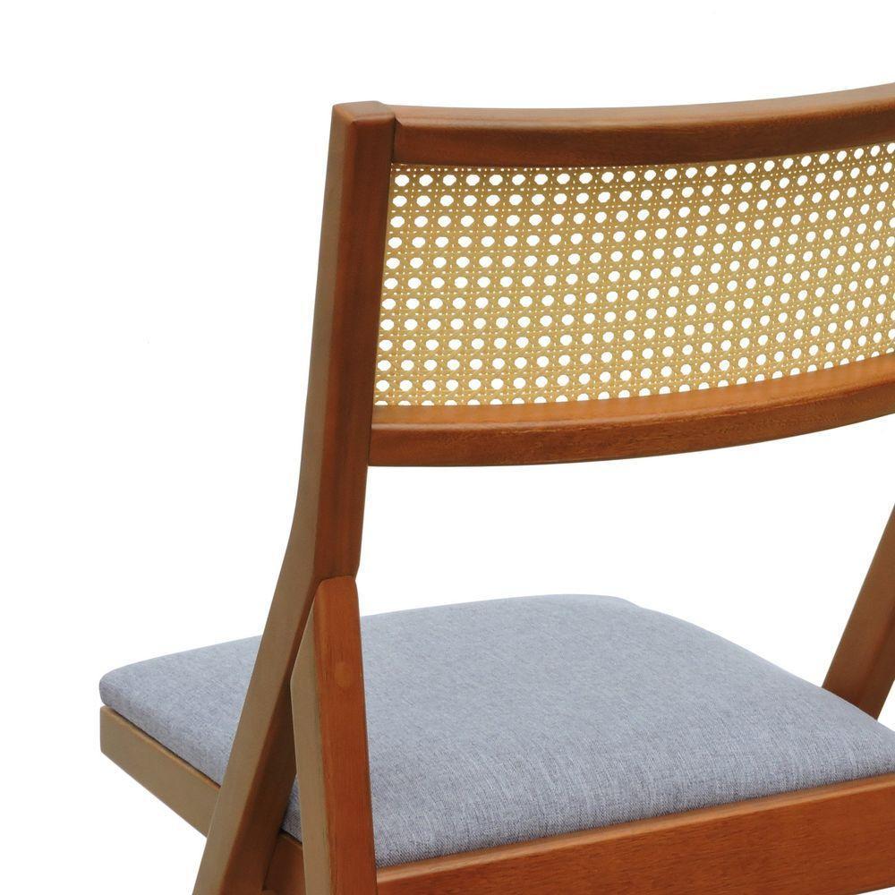 Cadeira Ypê Madeira Maciça E Telinha Natural - Amêndoa Assento Estofado Linho Cinza Mescla Impermeável - 2