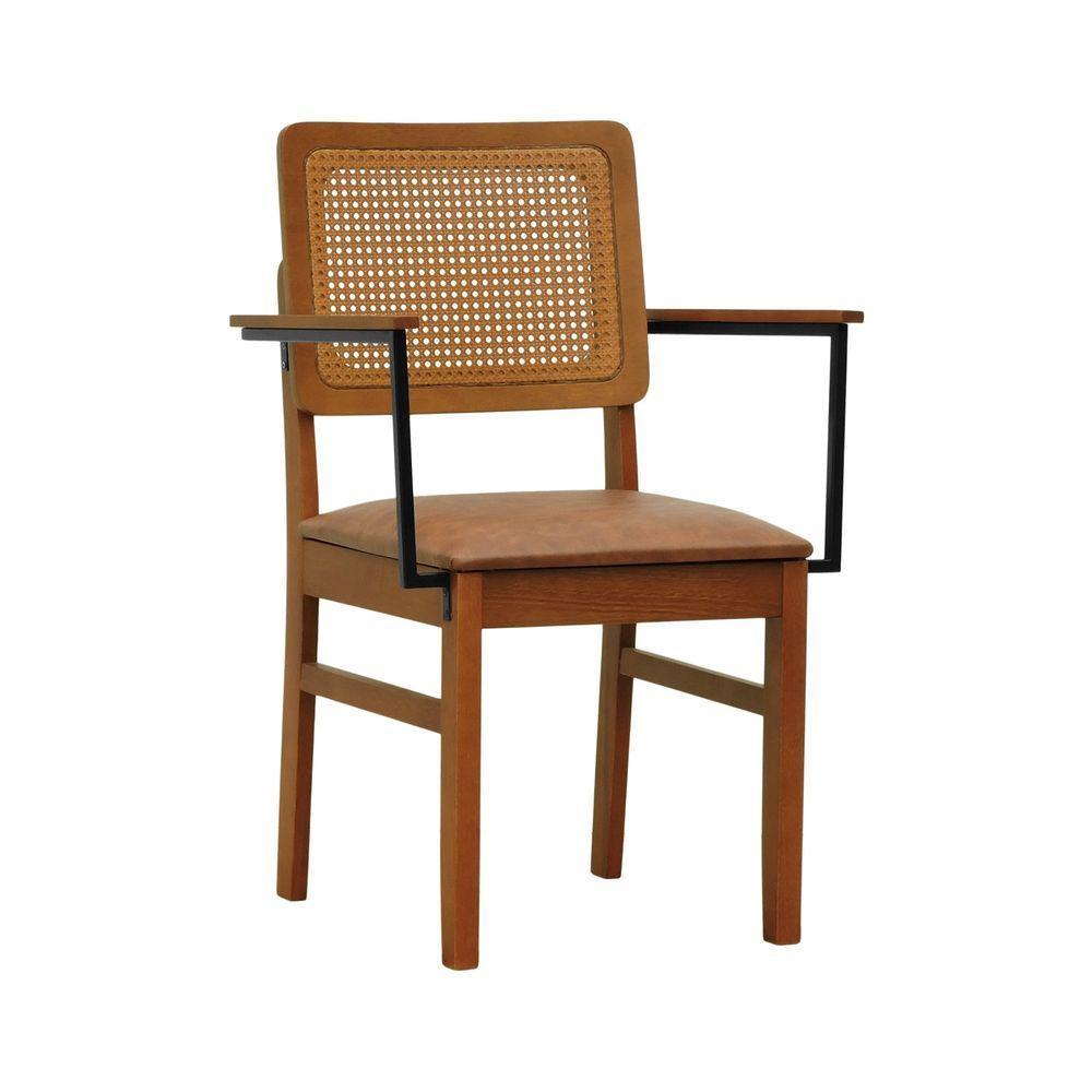 Cadeira Lyon Madeira Maciça Encosto Telinha Amêndoa C- Braço Metal - Amêndoa Assento Estofado Corano Marrom Mescla - 1