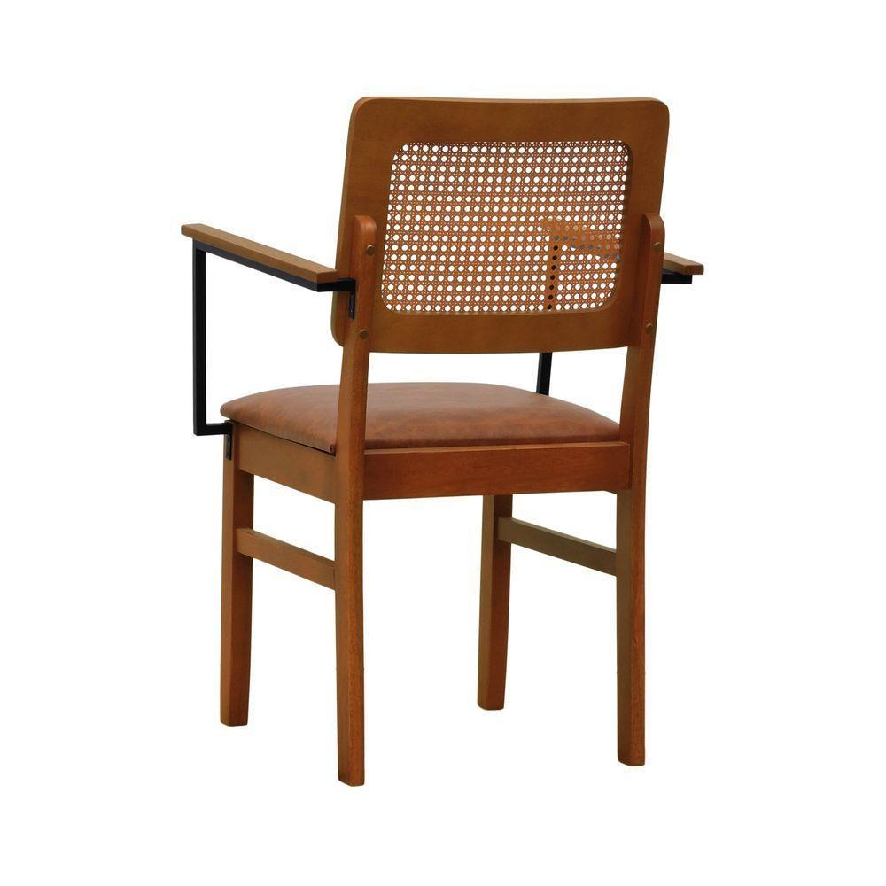 Cadeira Lyon Madeira Maciça Encosto Telinha Amêndoa C- Braço Metal - Amêndoa Assento Estofado Corano Marrom Mescla - 3