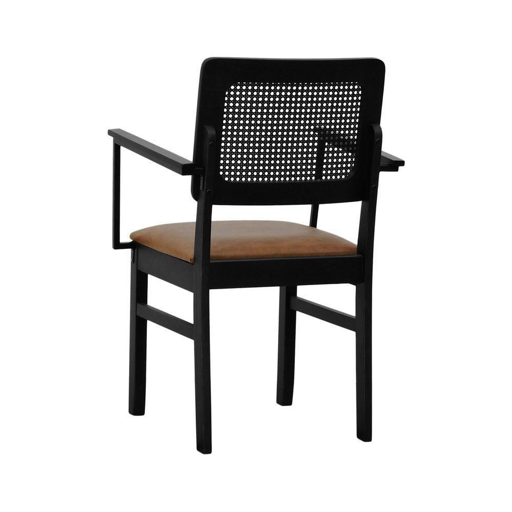 Cadeira Lyon Madeira Maciça Encosto Telinha C- Braço Metal - Preto Assento Estofado Corano Marrom Mescla - 3