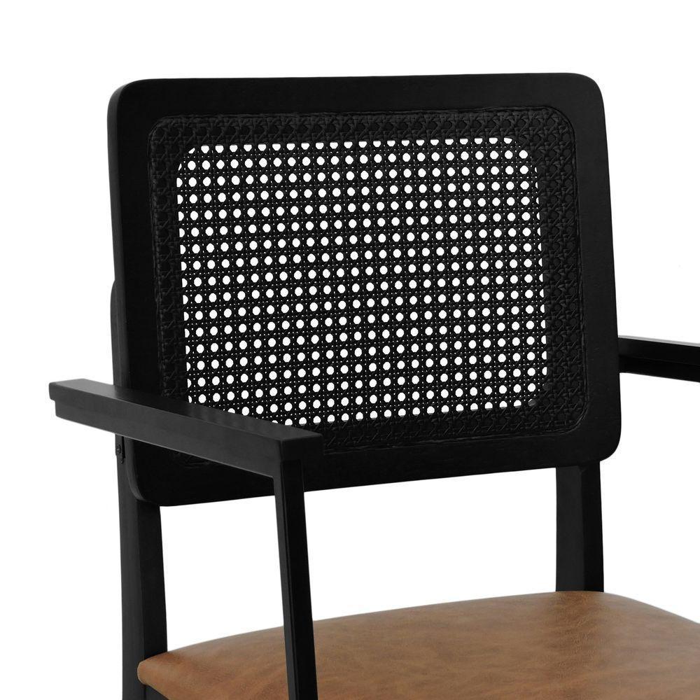 Cadeira Lyon Madeira Maciça Encosto Telinha C- Braço Metal - Preto Assento Estofado Corano Marrom Mescla - 7