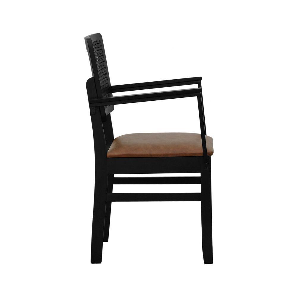 Cadeira Lyon Madeira Maciça Encosto Telinha C- Braço Metal - Preto Assento Estofado Corano Marrom Mescla - 8