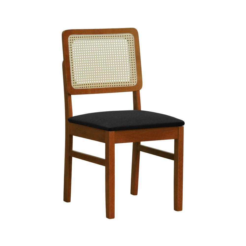 Cadeira Lyon Madeira Maciça Encosto Telinha Natural - Amêndoa Assento Estofado Linho Preto Textura - 1