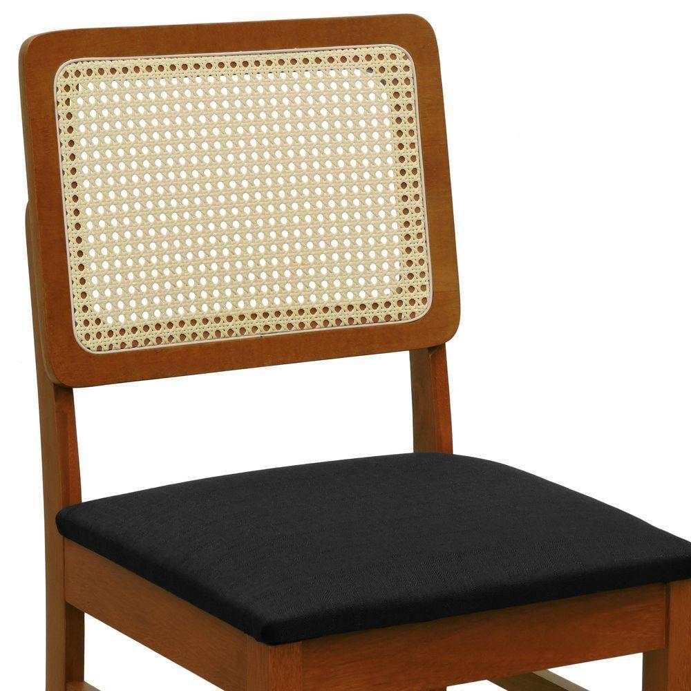 Cadeira Lyon Madeira Maciça Encosto Telinha Natural - Amêndoa Assento Estofado Linho Preto Textura - 2