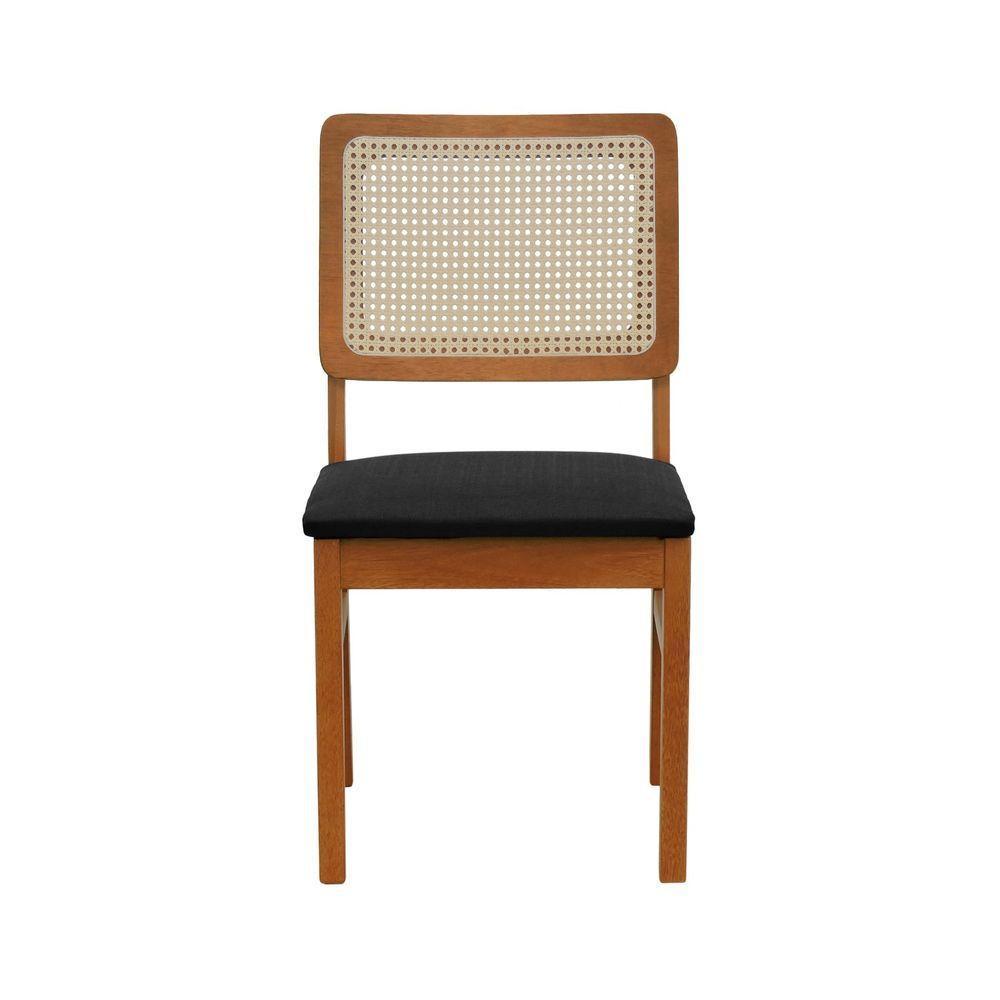Cadeira Lyon Madeira Maciça Encosto Telinha Natural - Amêndoa Assento Estofado Linho Preto Textura - 7