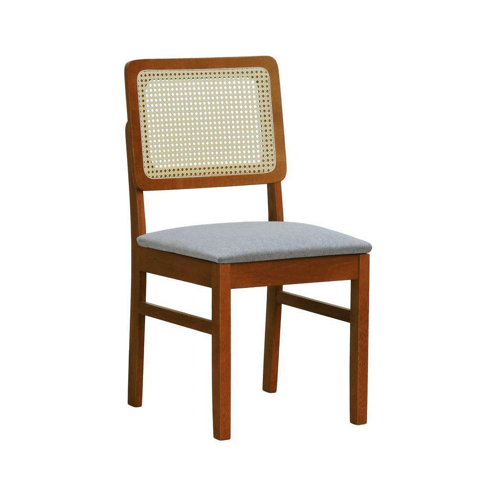 Cadeira Lyon Madeira Maciça Encosto Telinha Natural - Amêndoa Assento Estofado Linho Cinza Mescla Impermeável - 1