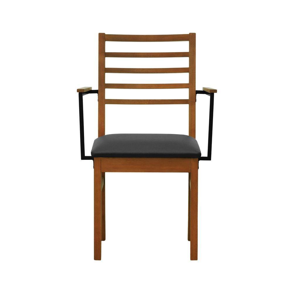 Cadeira Tiê Madeira Maciça Encosto Ripado C-braço Metal - Amêndoa Assento Estofado Corano Preto - 3