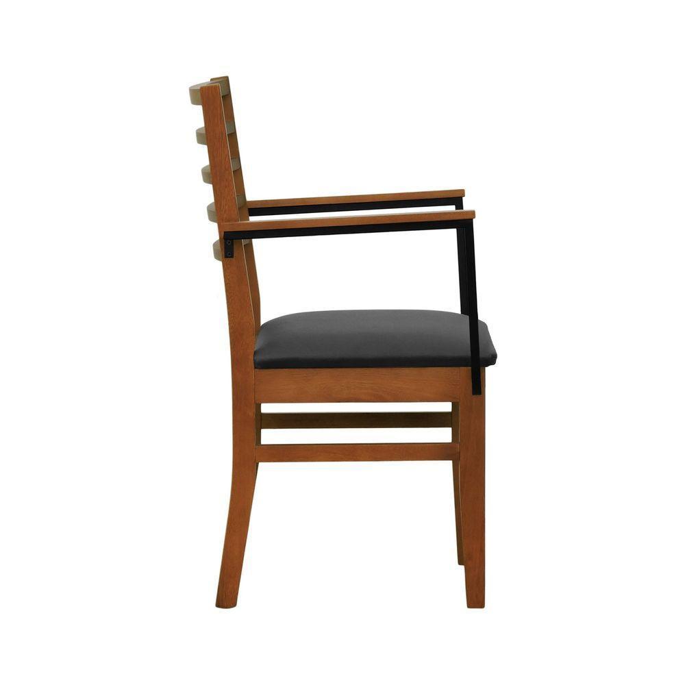 Cadeira Tiê Madeira Maciça Encosto Ripado C-braço Metal - Amêndoa Assento Estofado Corano Preto - 6