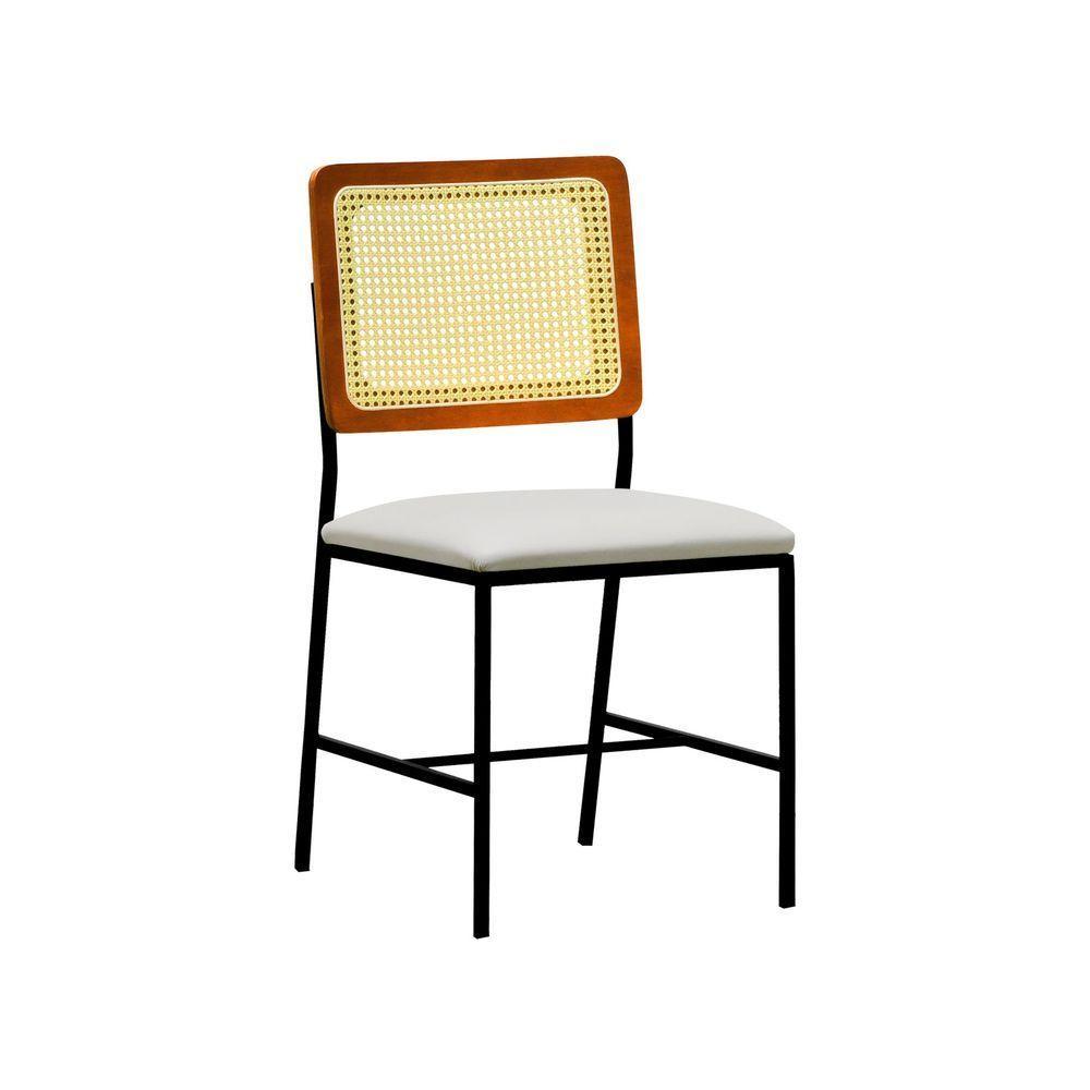 Cadeira Lyon Metal Encosto Anatômico Telinha Natural Assento Estofado - Preto-amêndoa Corano Bege - 1