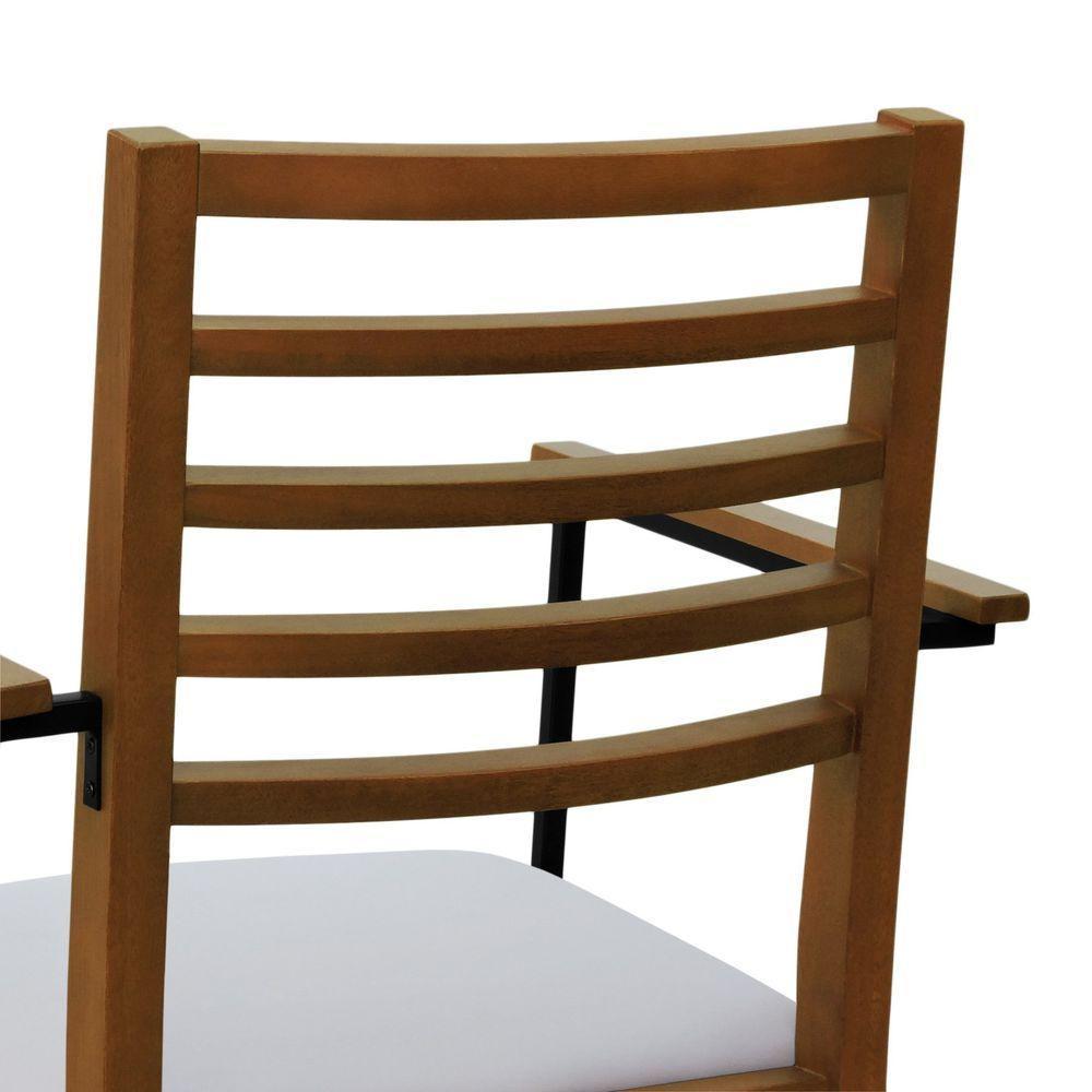 Cadeira Tiê Madeira Maciça Encosto Ripado C-braço Metal - Amêndoa Assento Estofado Linho Bege - 7