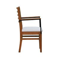 Cadeira Tiê Madeira Maciça Encosto Ripado C-braço Metal - Amêndoa Assento Estofado Linho Bege - 2