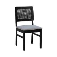 Cadeira Lyon Madeira Maciça Encosto Telinha - Preto Assento Estofado Linho Cinza Mescla Impermeável - 1