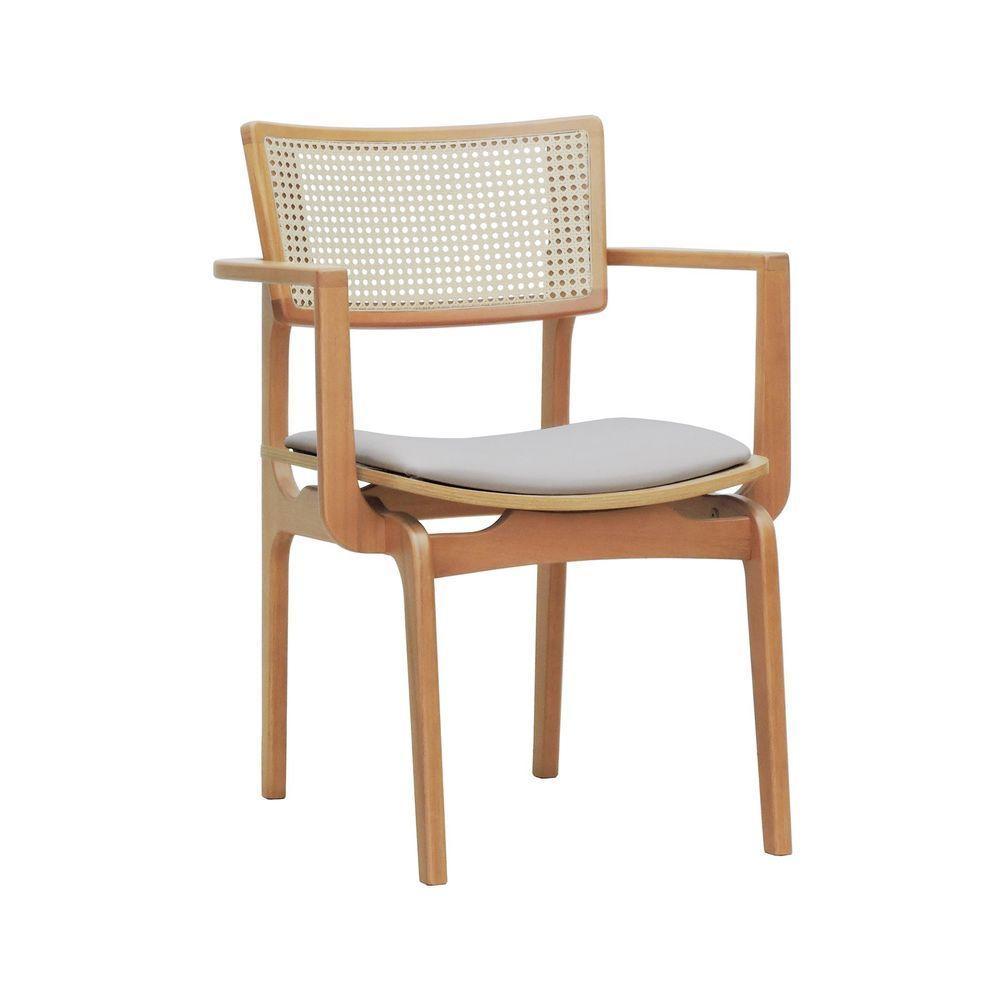 Cadeira Apollo Madeira Maciça Com Braço Encosto Telinha Assento Anatômico - Natural Estofado Linho Bege - 1