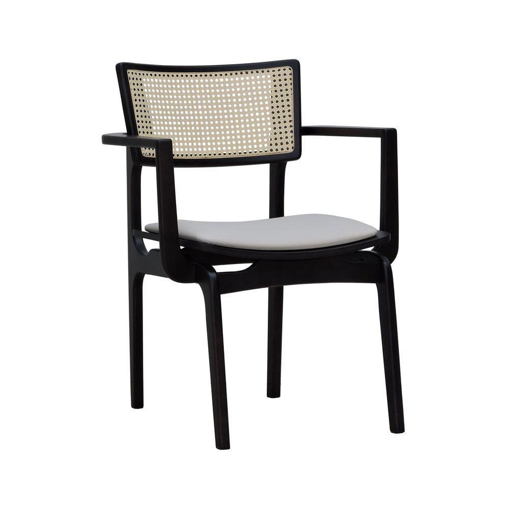 Cadeira Apollo Madeira Maciça Com Braço Encosto Telinha Assento Anatômico - Preto Estofado Corano Bege - 1