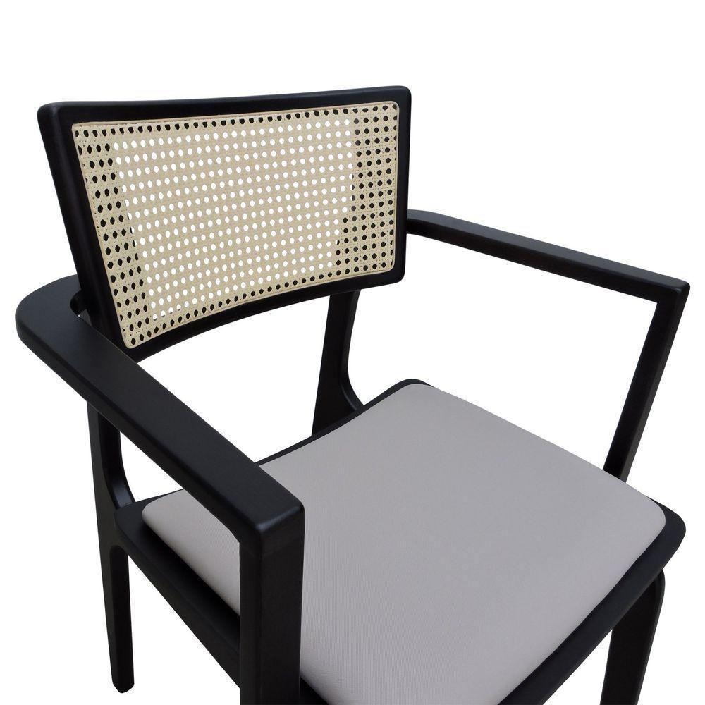 Cadeira Apollo Madeira Maciça Com Braço Encosto Telinha Assento Anatômico - Preto Estofado Linho Bege - 4