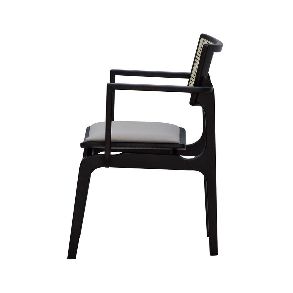 Cadeira Apollo Madeira Maciça Com Braço Encosto Telinha Assento Anatômico - Preto Estofado Linho Bege - 5