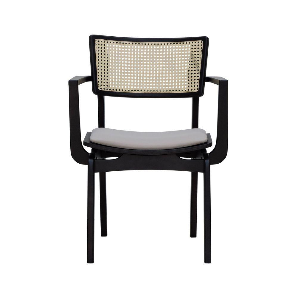 Cadeira Apollo Madeira Maciça Com Braço Encosto Telinha Assento Anatômico - Preto Estofado Linho Bege - 6