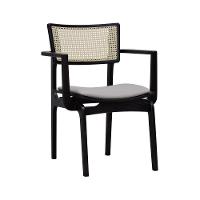 Cadeira Apollo Madeira Maciça Com Braço Encosto Telinha Assento Anatômico - Preto Estofado Linho Bege - 1