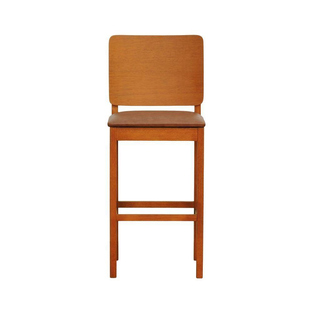 Banqueta Alta Bistrô Quéops Madeira Maciça Encosto Anatômico - Amêndoa Assento Estofado Corano Marrom Mescla - 2