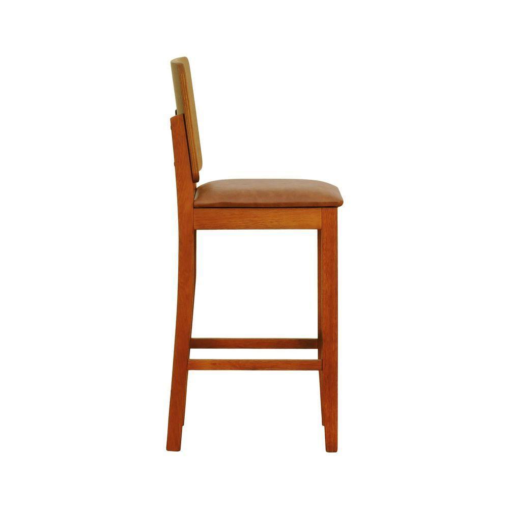 Banqueta Alta Bistrô Quéops Madeira Maciça Encosto Anatômico - Amêndoa Assento Estofado Corano Marrom Mescla - 4