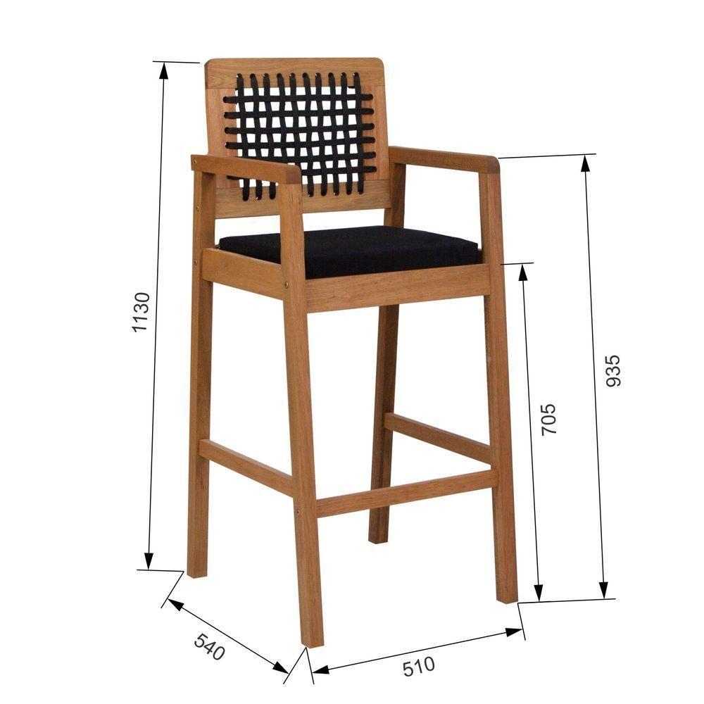 Banqueta Alta Garden Madeira Maciça Assento Estofado Encosto Trançado Corda - Natural Acquablock Preto - 2